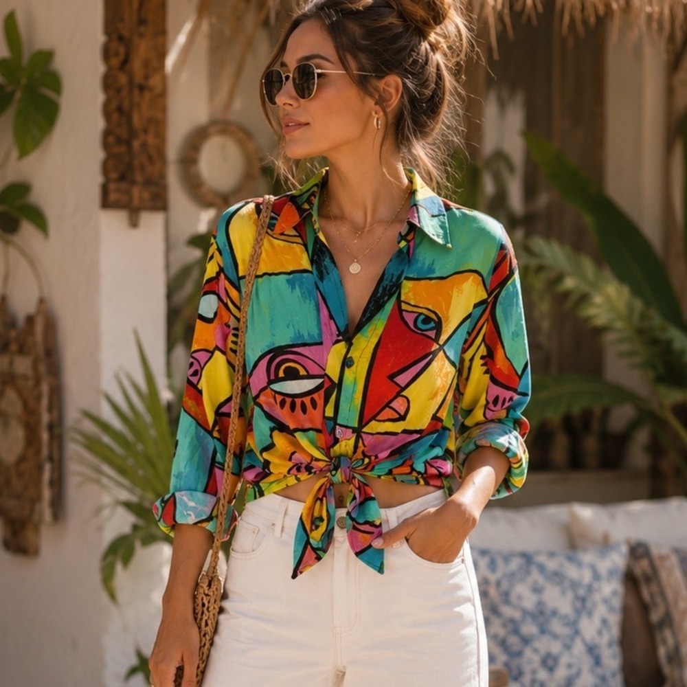 Live 4 Truth Picasso Abstract Face Print Cropped Button Shirt Medium